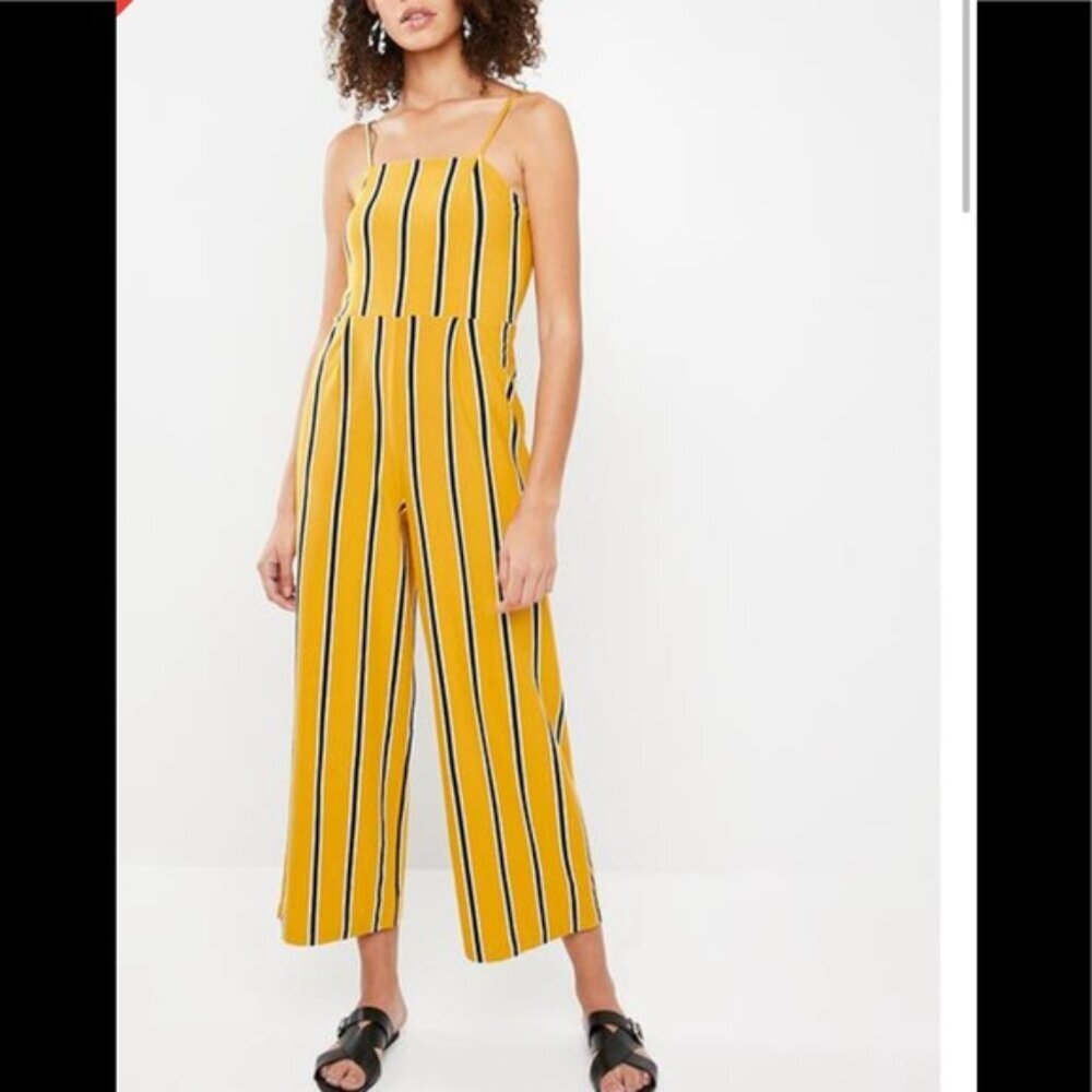 Ambiance Striped Wide Leg Crop Pant Jumpsuit Strap Summer Top Lightweight Yellow